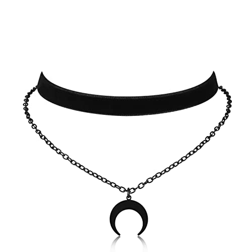 HEXALOVA Black Choker Necklace for Women, Gothic Moon Velvet Choker, Layered Necklace for Women, Goth Jewelry (Black Sailor Moon)