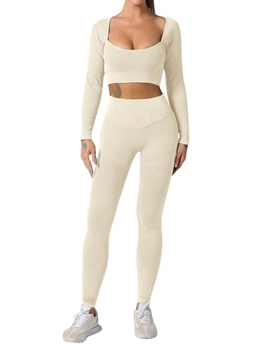 Workout Sets for Women 2 Piece Seamless Gym Yoga Outfits Ribbed Sweetheart Neck Long Sleeve Crop Top Tummy Control Butt Lifting High Waist Legging Sets Sportwear #1 Beige Large