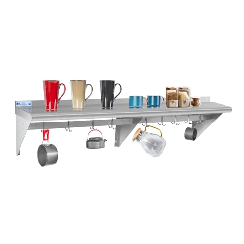 Hally Stainless Steel Shelf with 9 Hooks 18" x 72" Wall Mounted Pot Rack 500lb, NSF Commercial Floating Shelving for Storage Hanging Pots, Pans, cookware in Restaurant, Kitchen, Home and Hotel