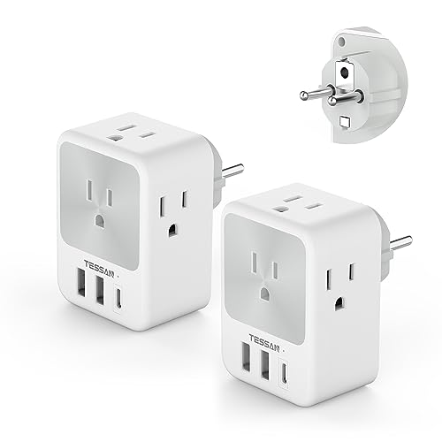 TESSAN Type E F Plug Adapter 2 Packs, Germany France Travel Power Adapter, Schuko Adaptor with 4 Outlets 3 USB Ports (1 USB C), US to Europe German French Spain Iceland Portugal Greece