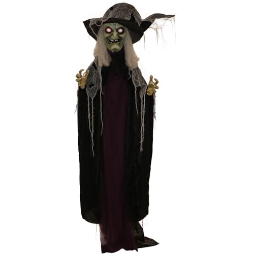 Haunted Hill Farm Life-Size Poseable Scary Talking Witch, Halloween Animatronic with Touch Activated Lights and Sound, Battery Operated Indoor or Covered Outdoor Halloween Decorations, Fright Props