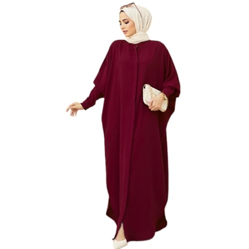 IBTOM CASTLE Abaya Dress for Women: Muslim Long Batwing Sleeve Arabian Islamic Dubai Robe Modest Middle East Ramadan Prayer Eid Full-Length African Turkey Long Maxi Dress Burgundy One Size