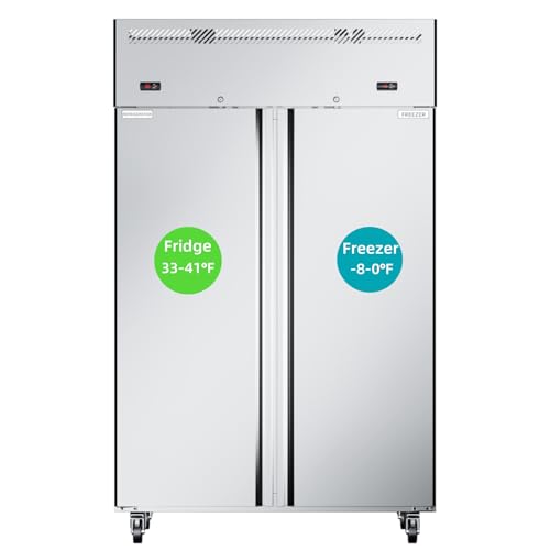 ECEVT 48" W 2 Door Commercial Refrigerator and Freezer Combo Stainless Steel Fan Cooling 38 Cu.ft Fridge and Freezer Dual Zones for Restaurant Bar Shop 33°F~41°F and -8℉ ~0℉, Stainless Steel Reach-in