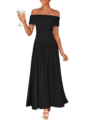 ZESICA Women's Off The Shoulder Maxi Dress 2025 Summer Sleeveless Casual Slim Swing Pleated Formal Party Dresses,Black,Small