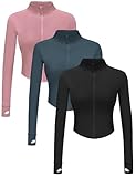 Dalavch 3 Pack Womens Cropped Full Zip up Workout Jacket Slim Fit Running Athletic Gym Yoga Sports Jacket with Thumb Holes 1 Black 1 Pink 1 Blue Small