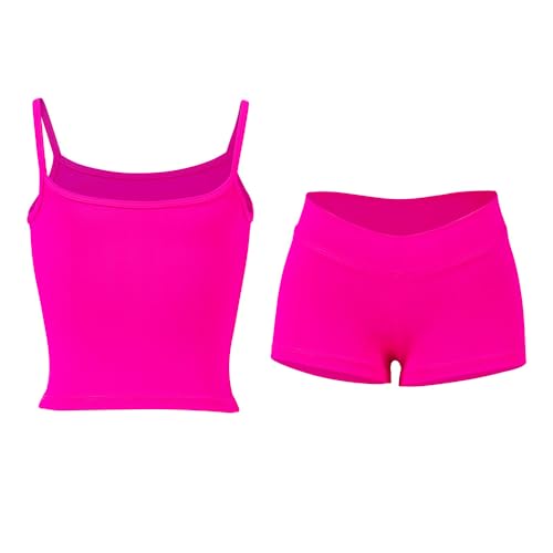 Dancecore Girls’ Activewear Set - Camisole Top & Shorts for Dance, Gymnastics, Yoga (Hot Pink) (12-14)