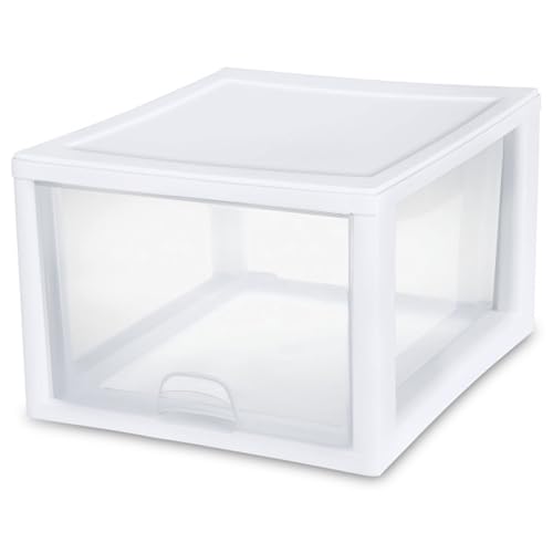Sterilite 4-Pack 27 Quart Stacking Drawer, Clear Storage Closet Organizer, White Frame - Stackable Modular Plastic Drawers for Clothes, Accessories, Craft Supplies, Shoes or Linens