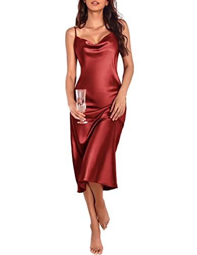 Ekouaer Women Sexy Satin Spaghetti Strap Nightgown Silk Chemise Mini Slips Cowl Neck Sleepwear with Adjustable Straps Burgundy