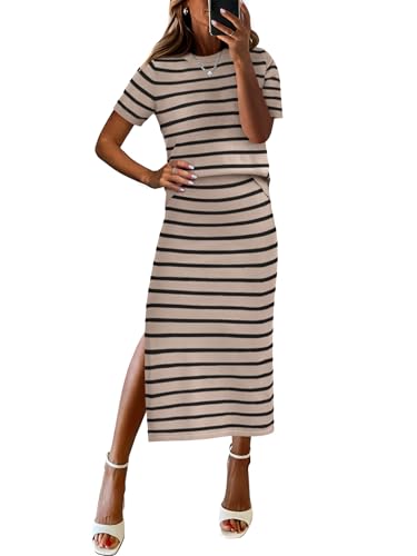 ANRABESS Womens 2 Piece Outfits Striped Sweater Skirt Sets 2025 Summer Casual Short Sleeve Pullover Tops Travel Midi Dress Beige Black Medium