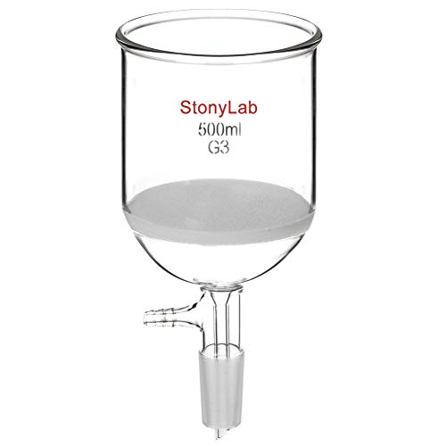 StonyLab Borosilicate Glass Buchner Filtering Funnel with Fine Frit(G3), 94mm Inner Diameter, 100mm Depth, with 24/40 Standard Taper Inner Joint and Vacuum Serrated Tubulation, 500ml
