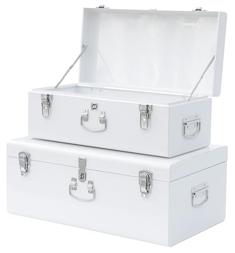 Vixdonos Decorative Large Metal Box Storage Trunk Chest Set of 2 College Dorm Organizer with Hardware Hasps and Handle for Home Deocr,23.7X14.2X9.5 Inches