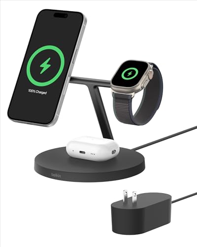 Belkin MagSafe-Compatible Charger, 3-in-1 Wireless Charging Station, Qi2-Certified 15W Wireless Charger for Apple iPhone 16 Series, Apple Watch, AirPods w/Non-Slip Base, 40W Charger Included - Black