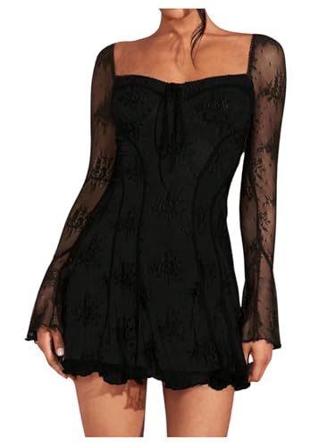 SOLY HUX Women's Lace Mesh Flare Long Sleeve Mini Dress Ruffle Flowy Party Cocktail Dresses Pure Black Medium