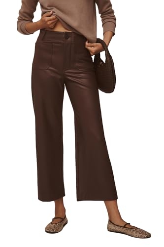 YEXPINE Women's Faux Leather Pants High Waisted Wide Straight Leg Pants PU Trousers with Pockets Brown