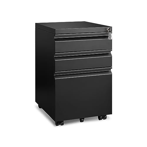 Approgreent 3 Drawer File Cabinet for Home Office, Under Desk Mobile Filing Cabinet with Lock for A4-Size/Letter-Size/Legal-Size, Black (HSEJ-3D)