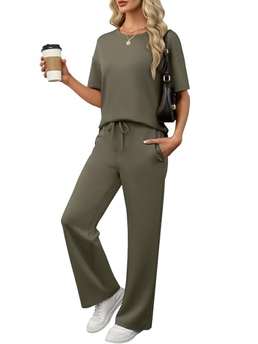 ANRABESS Women's Lounge Sets 2 Piece Outfits Summer Casual Short Sleeve Sweatsuits Matching Tracksuits Wide Leg Pant Set