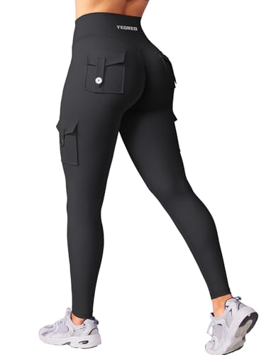 YEOREO CoreFlex Workout Cargo Leggings with Pockets for Women Hidden Scrunch Butt Lifting Leggings Gym Yoga Pants Black 3XL