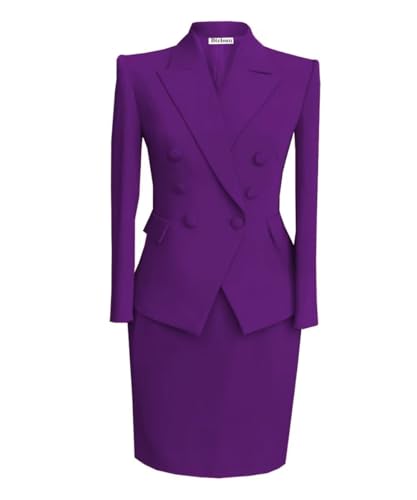 Women's Skirt Suit 2 Piece Slim Fit Business Suit Set Long Sleeve Lady Blazer Set Jacket Skirt,Purple US12
