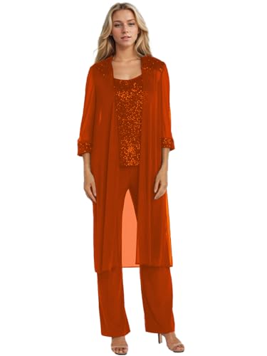 TriOneCon Jumpsuit/Pantsuit 3 Piece Elegant Mother of The Bride Dress Fashions Wedding Guest Dress Formal Dress Chiffon Scoop Neck Sleeveless Floor Length with Sequin 2024 Rust