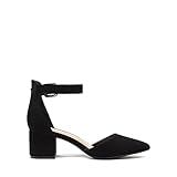 DREAM PAIRS Women's ANNEE-W Chunky Closed Toe Low Block Heels Dress Pointed Toe Ankle Strap Wedding Pump Shoes, Size 9, Black Nubuck