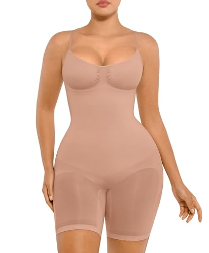 FeelinGirl Seamless Bodysuit Shapewear Hip Enhancer High Waist Body Shaper Full Body Slimming Faja Khaki Beige M/L