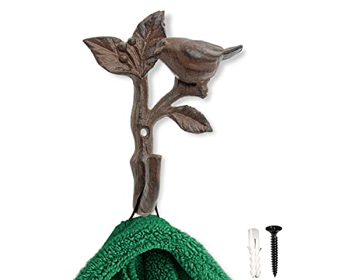 Comfify Bird On A Branch Single Wall Hook/Hanger - Metal, Heavy Duty, Rustic, Vintage, Recycled, Decorative Gift Idea - 4.75x1.8x6 - with Screws and Anchors - Rust Brown
