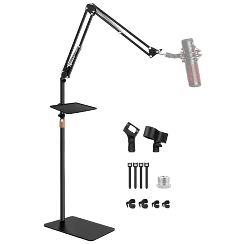 BILIONE Microphone Stand with Weighted Base, Mic Floor Stand Boom Arm with Mic Accessory Tray, Microphone Clip Holder, 3/8" to 5/8" Screw Adapter, Cable Ties