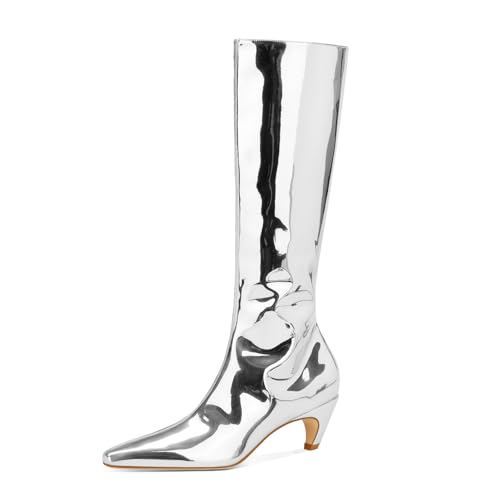 Tupakei Women's Silver Metallic Knee High Boots Pointed Toe Kitten Heel Booties Low Heel Go-go Dress Booties, 7