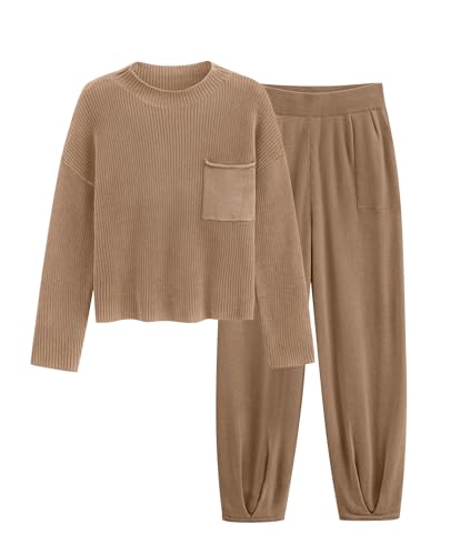 PRETTYGARDEN Two Piece Sets for Women 2025 Pullover Sweater High Waisted Sweatpants Tracksuit Lounge Set Fall Winter Outfits (Khaki,Small)
