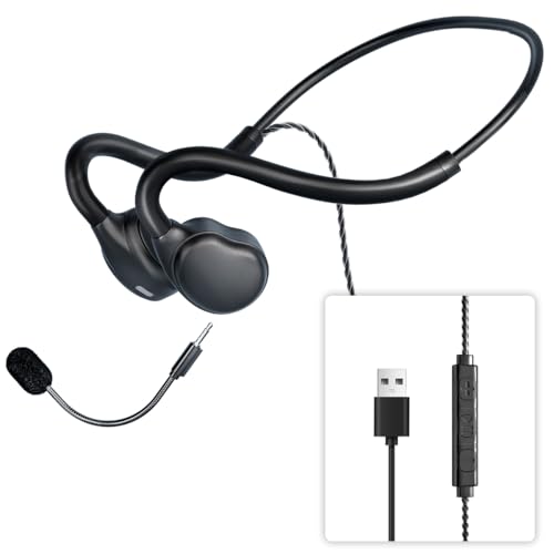 QOEKUEY Wired Headphones with Mic(Dual) Open Ear Headphones Air Conduction USB Headset Call Noise Reduction Premium Stereo Sound 0.88Oz Ultra-Light Design Perfect for PC Laptop-Black