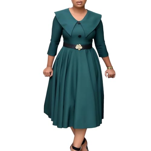 Pulcykp Women Office Dress Solid Doll Neck Long Sleeved Belt A-Line Dress Blue M