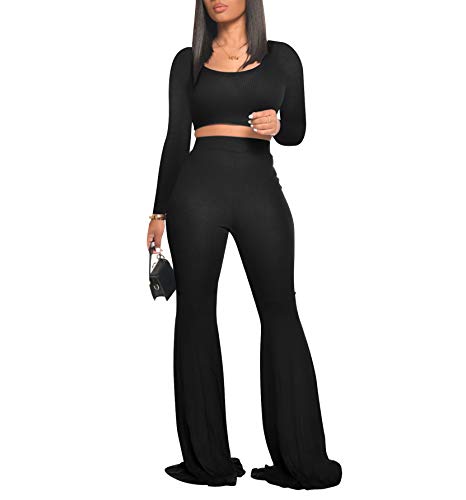 2 Piece Outfits for Women Sexy Crop Tops with Bodycon Flared Pants Sweatsuit Yoga Set Black