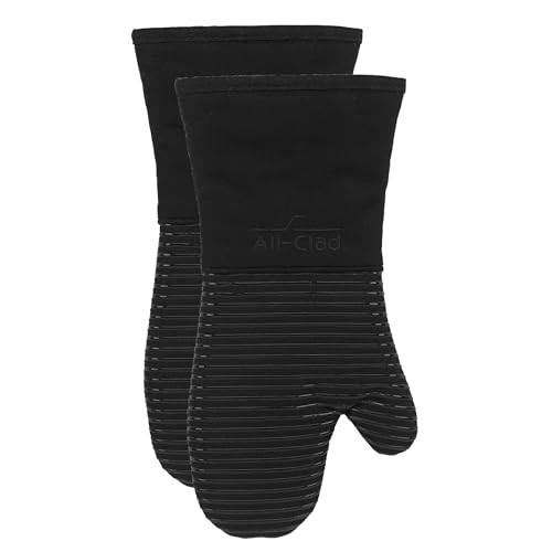 All-Clad Silicone Oven Mitts: Heat Resistant up to 500 Degrees - 100% Cotton & Silicone, 14"x7" Oven Mitt for Kitchen and Barbecue, 2-Pack, Black