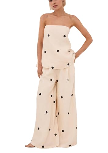 calbatic Women Polka Dot 2 Piece Outfits Spot Strapless Tube Top High Waist Wide Leg Pants Summer Lounge Set
