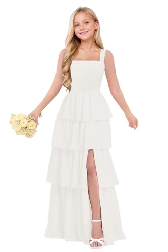 VHWKCL Junior Kids Girls Bridesmaid Dresses Ivory Chiffon Flower Girl Dresses for Wedding Guest Pageant Size 14