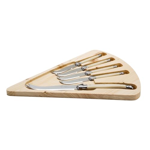Jean Dubost Laguiole 5-Piece Cheese Knife Set with Board, Ivory Handles - Rust-Resistant Stainless Steel - Made in France