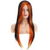 Baruisi Long Orange Black Wig Silky Straight Synthetic Heat Resistant Side Bangs Halloween Costume Hair Wigs for Women Girls