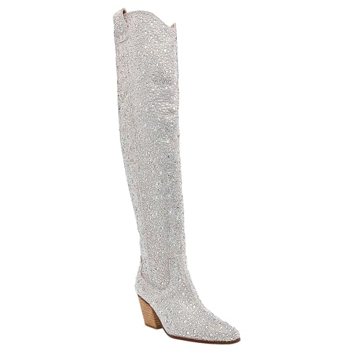 MUCCCUTE Silver Thigh High Boots for Women Over The Knee Cowboy Boots Rhinestone Sparkly Glitter Pointed Toe Chunky Heels Side Zipper Wedding Party Size 8
