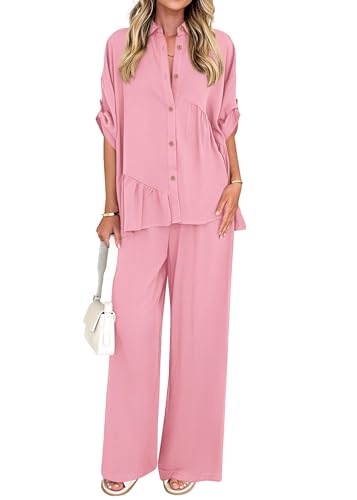 KIRUNDO Two Piece Sets for Women Summer Outfits 2025 Dressy Casual Half Sleeve Button Down Shirt Wide Leg Pants Lounge Set(Pink, Small)