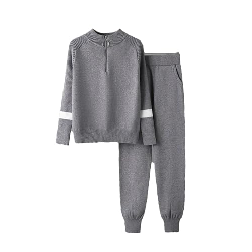 Women Casual Knitted 2 Piece Sets Korean O-Neck S Zipper Sweater Pullover Tops High Waist Sweatpants Outfit