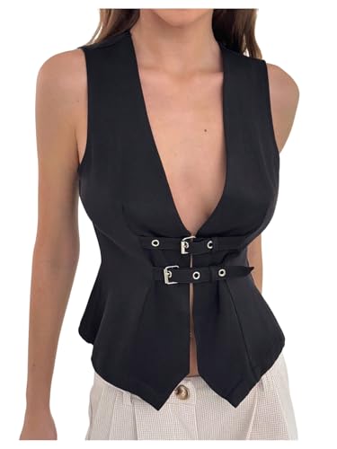 Milumia Women's Buckle Deep V Neck Blazer Vest Split Asymmetrical Hem Tank Tops Black Small