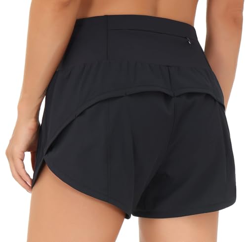 THE GYM PEOPLE Womens High Waisted Running Shorts Quick Dry Athletic Workout Shorts with Mesh Liner Zipper Pockets (Black, Medium)