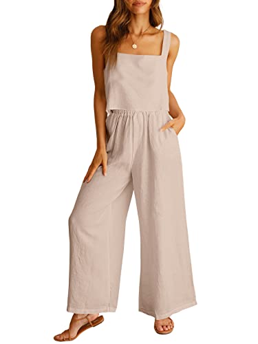 ANRABESS Women's 2 Piece Outfits Linen Pants Jumpsuit Matching Lounge Set Casual Summer Beach Vacation Trendy Clothes Apricot Small