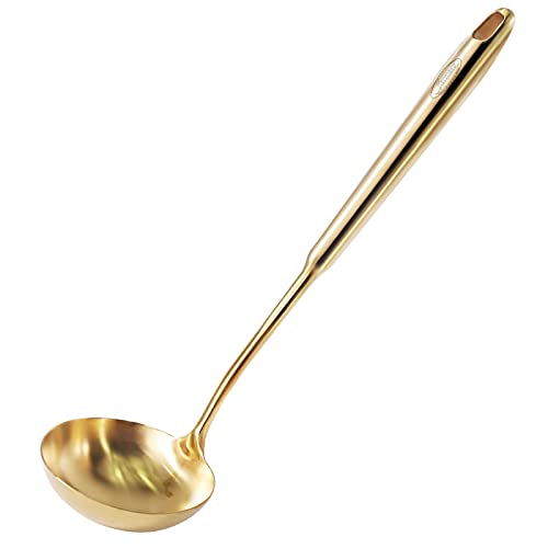 Newness Soup Ladle, [Rustproof, Heat Resistance, Integral Forming] Durable 304 Stainless Steel Soup Spoon with Vacuum Ergonomic Round Handle, Cooking Spoon for Kitchen, 13.7 Inches, Gold