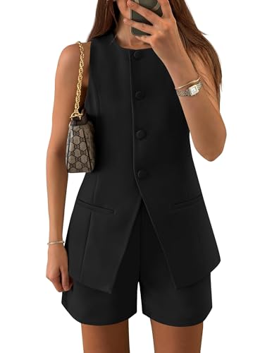 ZESICA Women's 2025 Summer 2 Piece Short Sets Sleeveless Crew Neck Suit Vest Tops High Waist Shorts Business Outfits,Black,Large