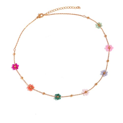 Izpack Cute Flower Beaded Ball Choker Necklace Stainless Steel Colorful Acystal Bead Daisy Flowers Adjustable Necklaces Fashion 18k Goldtone Plated Jewelry Gifts for Women Chain 15"+2"