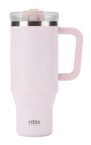 TYESO Vacuum Insulated Tumbler Water Bottle Cold Insulation Stainless Steel Bottle Straw Handle Mug Double Wall Wide Mouth (LIGHT PINK, 40 oz)