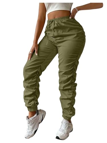 SOLY HUX Women's Drawstring Elastic Waist Ruched Casual Outdoor Hiking Jogger Pants Army Green Medium