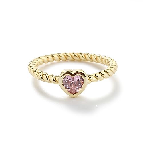 Precious Pieces 14K Gold-Plated Twisted Rope Band Baby Ring with Pink CZ Heart for Babies, Infants, Toddlers, Kids, and Little Girls and Pinky Ring for Teens and Women (Size 3)