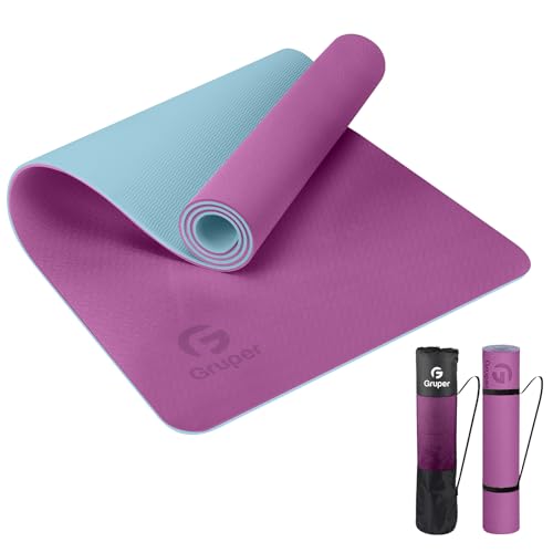 Gruper Yoga Mat Non Slip, Eco Friendly Fitness Exercise Mat with Carrying Strap,Pro Yoga Mats for Women,Workout Mats for Home, Pilates and Floor Exercises (Purple/Teal)